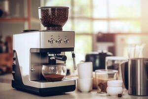 azione foto di rendere moderno macinare caffè creatore nel il cucina tavolo cibo fotografia generativo ai