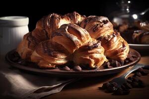 azione foto di un' lotto di cioccolato brioche budino dolce cibo fotografia generativo ai