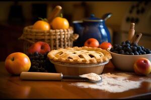 azione foto di rendere torta con frutta nel cucina tavolo cibo fotografia generativo ai