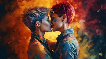 lesbica coppia baci, lgbt, orgoglio, ai generato foto