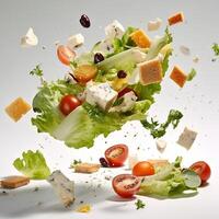 azione foto di insalata volante attraverso il aria con formaggio e lattuga cibo fotografia generativo ai