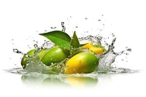 azione foto di acqua spruzzo con verde Mango isolato cibo fotografia generativo ai