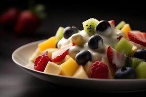 azione foto di frutta insalata con formaggio e Maionese editoriale cibo fotografia generativo ai