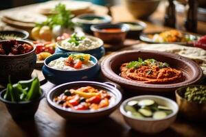 mezzo orientale cucina cucina tavolo professionale cibo fotografia ai generato foto