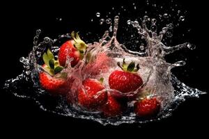 azione foto di acqua spruzzo con affettato fragole isolato cibo fotografia generativo ai