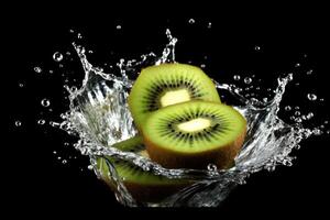 azione foto di acqua spruzzo con affettato Kiwi isolato cibo fotografia generativo ai