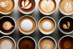 azione foto di vicino su collezione un' tazza caffè latte macchiato superiore Visualizza cibo fotografia generativo ai