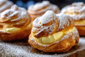 azione foto di choux Pasticcino con guarnizione glassatura zucchero cibo fotografia generativo ai