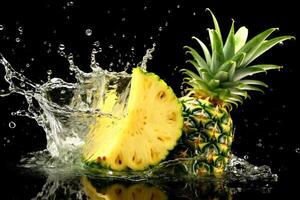 azione foto di acqua spruzzo con affettato ananas isolato cibo fotografia generativo ai