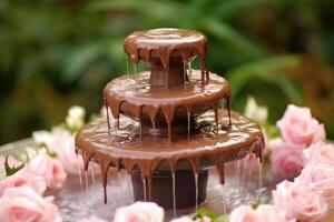 Fontana cioccolato per nozze con guarnizione professionale cibo fotografia ai generato foto