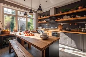 azione foto di un' naturale cucina vicino nel il giardino moderno stile prima colazione fotografia generativo ai