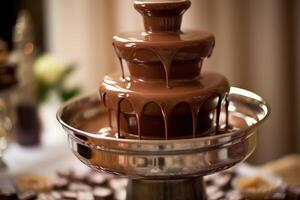 Fontana cioccolato per nozze con guarnizione professionale cibo fotografia ai generato foto