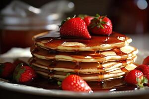 azione foto di caldo pancake con fragola sciroppo cibo fotografia generativo ai