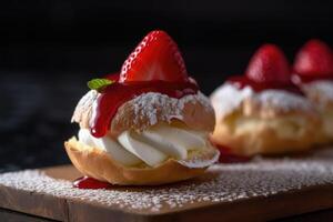 azione foto di choux Pasticcino con guarnizione fetta fragola cibo fotografia generativo ai