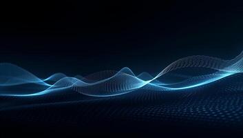 astratto blu particella sfondo. flusso onda con punto paesaggio. digitale dati struttura. futuro maglia o suono griglia. generativo ai foto