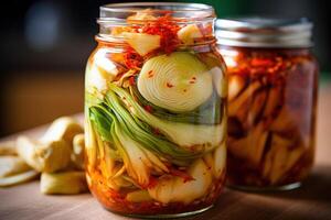 azione foto di kimchi è un' tradizionale coreano banco consistente di salato e fermentato verdure cibo fotografia generativo ai