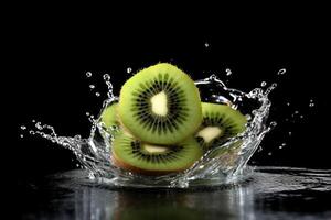 azione foto di acqua spruzzo con affettato Kiwi isolato cibo fotografia generativo ai