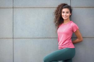 bellissimo ciambella capelli giovane donna con rosa yoga attrezzatura in piedi posa su il parete ai generato foto