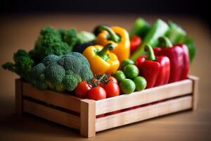 azione foto di mescolare verdura su il un' scatola editoriale cibo fotografia generativo ai