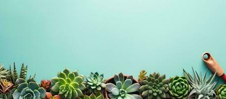 un' riga di succulente con un' blu sfondo creato con generativo ai tecnologia foto