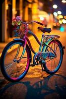colorato bicicletta su il strada, ai generato foto