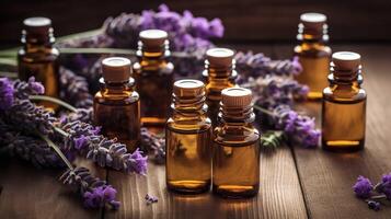 essenziale oli con lavanda fiori su di legno tavolo foto