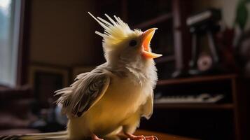 cockatiel di pulcino primo canzone nel il vivente camera foto