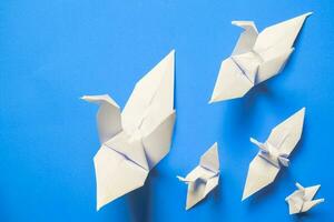 bianca uccello origami carta su blu sfondo. uccello pace, la libertà o opportunità concetto foto