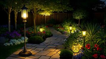lussuoso splendente luci giardino ambiente creato con generativo ai tecnologia foto