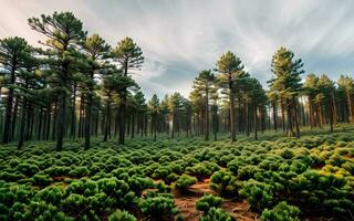 natura scenario il alberi nel il pino foresta su un' chiaro estate luce del giorno con verde erba modello creato con generativo ai tecnologia foto