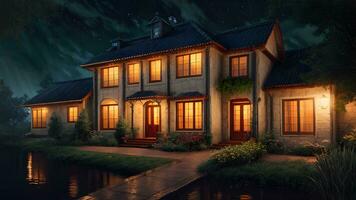 sbalorditivo realistico Casa esterno a notte ambiente creato con generativo ai tecnologia foto