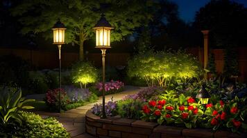 il ipnotizzante bellezza di giardino luci brilla brillantemente creato con generativo ai tecnologia foto