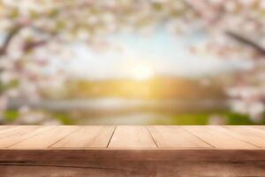 primavera di stagione di rosa sakura ramo con di legno tavolo In piedi, fiore sfondo. neurale Rete ai generato foto