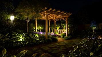 notte panoramico giardino ambiente creato con generativo ai tecnologia foto