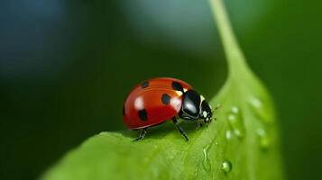 coccinella su foglia. generativo ai foto