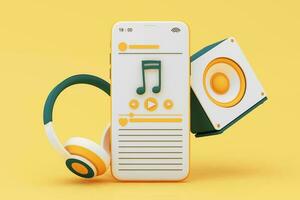 cuffie e smartphone con musica Appunti galleggiante su giallo sfondo circondato di altoparlante con musicale strumenti. concetto di divertimento canzone o musica Festival. 3d rendere illustrazione cartone animato stile foto