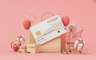 3d rendere di shopping vendita promozione bandiera in linea. pieno shopping carrello su podio con shopping Borsa e carrello e credito carta. concetto di grande sconto, adatto per nero Venerdì e anniversario. foto