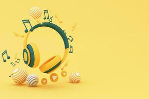 cuffie e smartphone con musica Appunti galleggiante su giallo sfondo circondato di altoparlante con musicale strumenti. concetto di divertimento canzone o musica Festival. 3d rendere illustrazione cartone animato stile foto