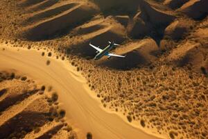 aereo aereo volante al di sopra di il deserto generativo ai foto