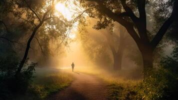 jogging nel il mattina nebbioso parco generativo ai foto