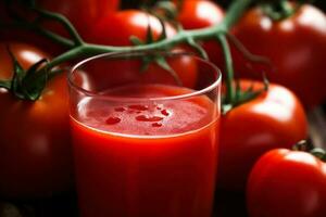 un' bicchiere con fresco pomodoro succo su un' sfondo di rosso maturo pomodori avvicinamento generativo ai foto