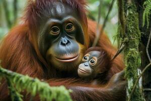 un' femmina orangutan teneramente e accuratamente abbracci sua poco cucciolo generativo ai foto