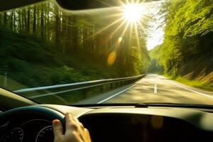 guida auto nel soleggiato tempo atmosferico, estate strada viaggio generativo ai foto