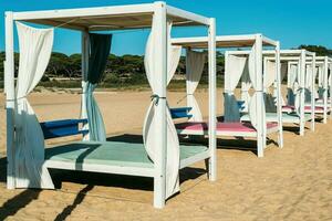 lussuoso sedie a sdraio su il spiaggia a quarteira, algarve, Portogallo foto