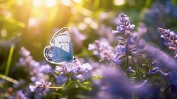 farfalla su viola lavanda fiori. generativo ai foto