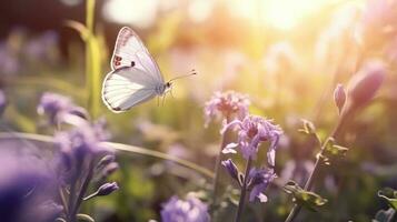 farfalla su viola lavanda fiori. generativo ai foto