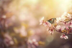 primavera striscione, rami di fioritura ciliegia contro il sfondo di blu cielo, e farfalle su natura all'aperto. rosa sakura fiori, sognante romantico Immagine molla, paesaggio panorama, creare ai foto