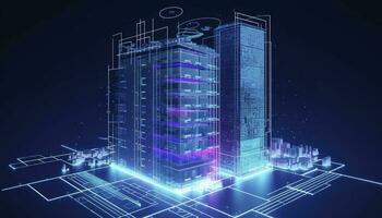 sviluppo architettura computer sistemi di un' inteligente costruzione. design moderno edificio costruzione con ai controlli. progetto inteligente Casa costruzione con artificiale intelligenza, creare ai foto