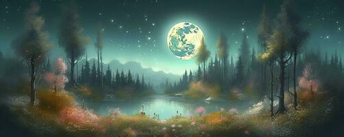 notte paesaggio ambiente raccogliere Luna al di sopra di un' luccicante lago lussureggiante vegetazione legno di betulla alberi, fiori, magico galassia. 3d disegno digitale arte, creare ai foto