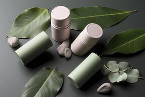 eco amichevole cosmetici decorato con verde foglie, biologico facciale cura della pelle, trucco e pelle cura cosmetico Oggetti. ai generato Immagine. foto